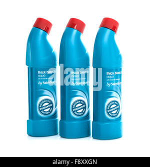 Three Bottles of Thick Aqua Bleach on a White background Stock Photo