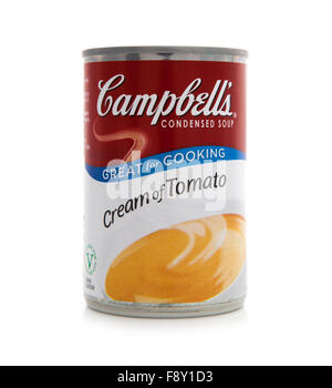Campbell's Tomato Soup. Campbell's is an American producer of canned soups and related products, founded in 1869 Stock Photo