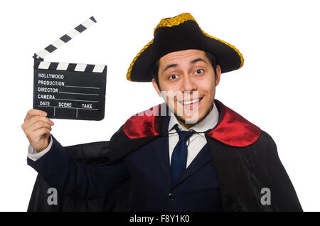 Young pirate holding clapperboard isolated on white Stock Photo
