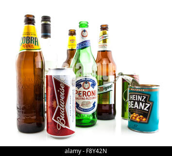 Collection of empty cans and bottles on a white background Stock Photo