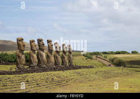 Photograph of the moais at Ahu Akivi on Easter Island in Chile. Stock Photo