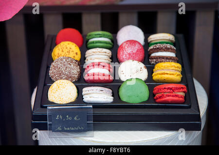 Christmas time in Brussels, Patisserie shop, chocolate specialties, at the Galerie de la Reine, Macarons, Stock Photo