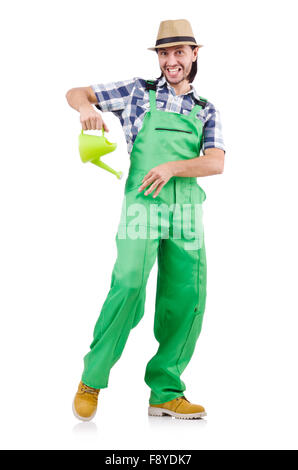 Funny gardener with watering can isolated on white Stock Photo - Alamy