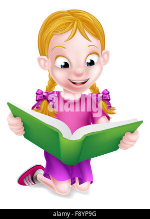 A happy cartoon little girl enjoying reading a big book Stock Photo