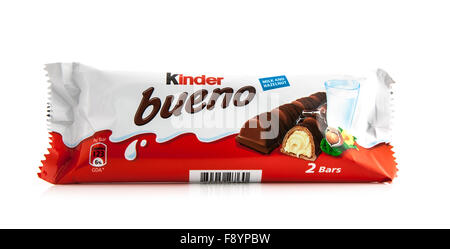 Kinder Bueno chocolate milk and hazelnut bar on a white background Stock Photo