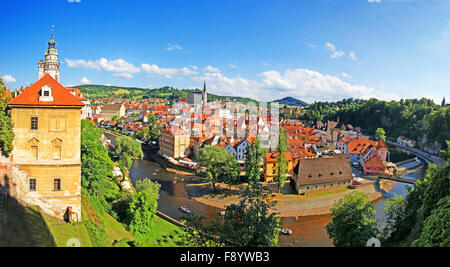 Aerial panoramic view of Cesky Krumlov Castle and Vltava River Stock Photo