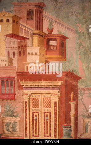 Ancient Roman Fresco wall painting with architecture theme Stock Photo