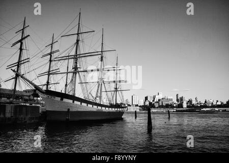 One of the last iron sailing ships to be built, the Wavertree is docked at the South Street Seaport museum on the East River, Ne Stock Photo