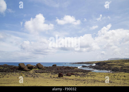 Photograph of the toppled over moais at Akahanga site on Easter Island in Chile. Stock Photo