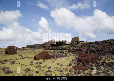 Photograph of the toppled over moais at Akahanga site on Easter Island in Chile. Stock Photo