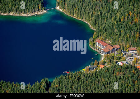 View of Eibsee Lake and Eibsee-Hotel from Zugspitze, Grainau, Werdenfelser Land, Upper Bavaria, Bavaria, Germany Stock Photo