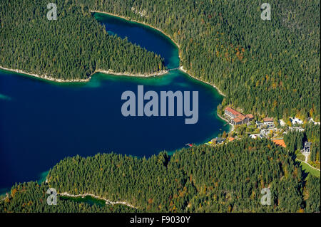 View of Eibsee Lake and Eibsee-Hotel from Zugspitze, Grainau, Werdenfelser Land, Upper Bavaria, Bavaria, Germany Stock Photo