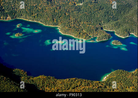 View of Eibsee Lake and Eibsee-Hotel from Zugspitze, Grainau, Werdenfelser Land, Upper Bavaria, Bavaria, Germany Stock Photo