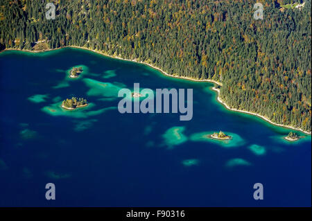 View of Eibsee Lake and Eibsee-Hotel from Zugspitze, Grainau, Werdenfelser Land, Upper Bavaria, Bavaria, Germany Stock Photo