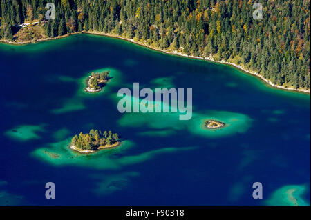 View of Eibsee Lake and Eibsee-Hotel from Zugspitze, Grainau, Werdenfelser Land, Upper Bavaria, Bavaria, Germany Stock Photo