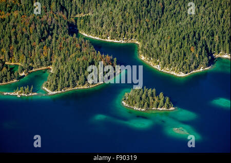 View of Eibsee Lake and Eibsee-Hotel from Zugspitze, Grainau, Werdenfelser Land, Upper Bavaria, Bavaria, Germany Stock Photo