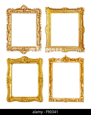 Set of few old gold picture frames. Isolated on white background.  Clipping path included Stock Photo