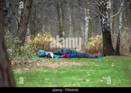 Berlin, Germany. 12th Dec, 2015. A homeless man sleeps on a meadow wrapped into a sleeping bag at Tiergarten public park during dry but autumnal weather in Berlin, Germany, 12 December 2015. Photo: Paul Zinken/dpa/Alamy Live News Stock Photo