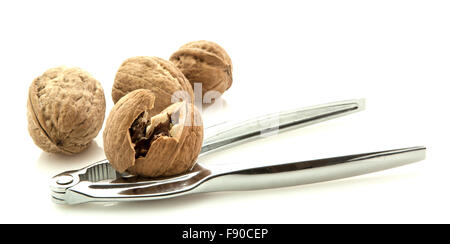 Nutcracker with closed and cracked walnuts on white background Stock Photo