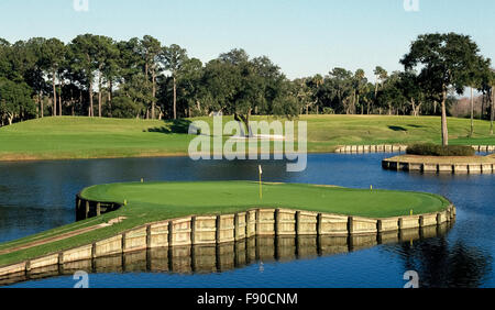 Famous among golfers is the 17th hole located on a small island of green grass at the The Players Club (TPC) Sawgrass' Stadium Course in Ponte Vedra Beach, Florida, USA. The dramatic par-3 hole is the shortest (137 yards) on the championship course but one of golf's most difficult holes to play. This public course frequently is the site of golf tournaments of the PGA (Professional Golfers Association of America). Stock Photo