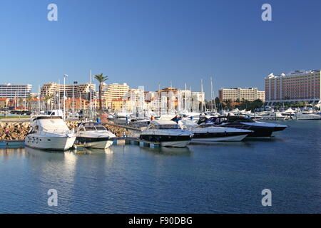 Luxury boats in Vilamoura Marina, Vilamoura, Quarteira, Algarve, Portugal, Europe Stock Photo