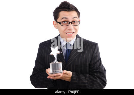 Funny guy receiving award on white Stock Photo