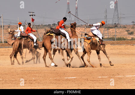 The Camel Polo Match between two local teams is the main attraction of Jaisalmer Desert Festival at Jaisalmer, Rajasthan, India. Stock Photo