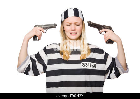 Prison inmate with gun isolated on white Stock Photo