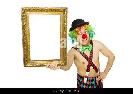 Clown with picture frame isolated on white Stock Photo