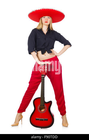 Mexican woman guitarist isolated on white Stock Photo