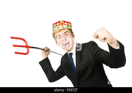 Funny businessman with trident pitchfork isolated on white Stock Photo