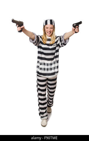 Prison inmate with gun isolated on white Stock Photo