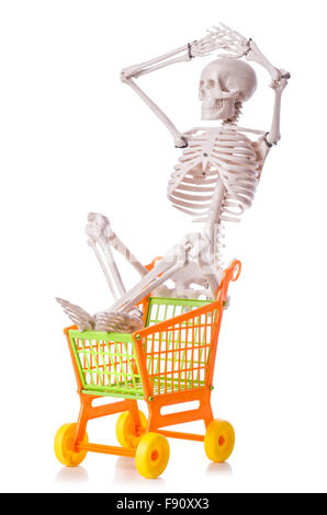 Skeleton with shopping cart trolley isolated on white Stock Photo