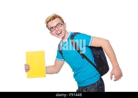 Student rushing to the lesson isolated on white Stock Photo