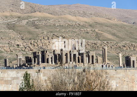 Persepolis terrace wall with Tachara (Winter) Palace and Tomb of Artaxexes II, Persepolis, Iran Stock Photo