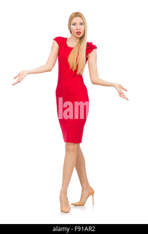 Blond woman in scarlet dress isolated on white Stock Photo