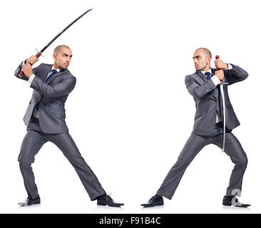 Two men figthing with the sword isolated on white Stock Photo