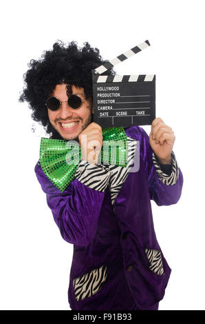 Funny man in wig with clapper board isolated on white Stock Photo