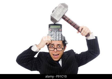 Young employee holding calculator isolated on white Stock Photo