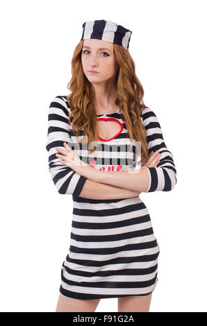 Pretty girl in prisoner uniform isolated on white Stock Photo