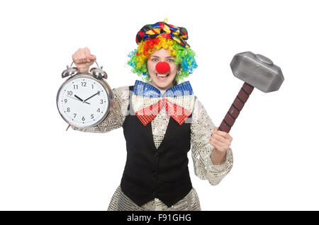 Female clown with alarm-clock and hammer isolated on white Stock Photo