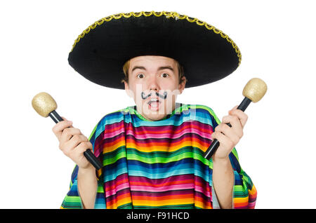 Funny young mexican shaking maracas isolated on white Stock Photo