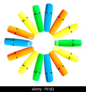 Multicolored Highlighter Pens in a Circle Isolated on white background Stock Photo