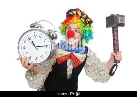 Female clown with alarm-clock and hammer isolated on white Stock Photo