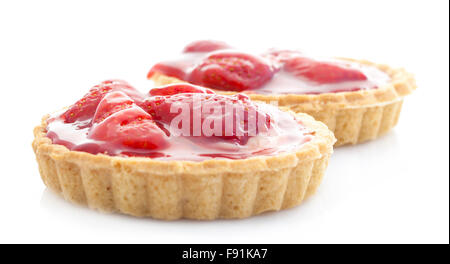 Two Fresh Home Made Strawberry Tarts on a White Background Stock Photo