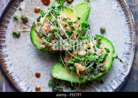 Salmon tartare and avocado Stock Photo