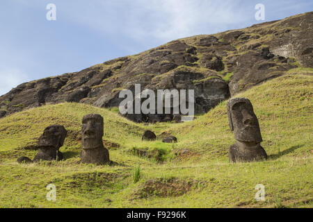 Photograph of the moais at Rano Raraku stone quarry on Easter Island in Chile. Stock Photo