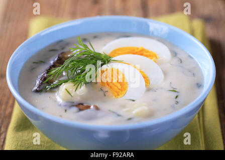Sour cream dill soup with mushrooms and boiled egg Stock Photo