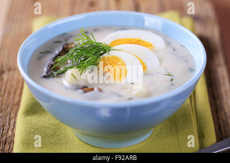 Sour cream dill soup with mushrooms and boiled egg Stock Photo