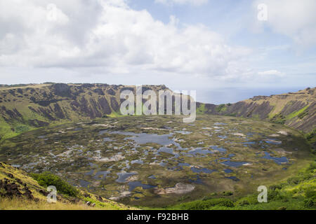 Photograph of the crater of volcano Rano Kau on Rapa Nui, Easter Island, Chile. Stock Photo